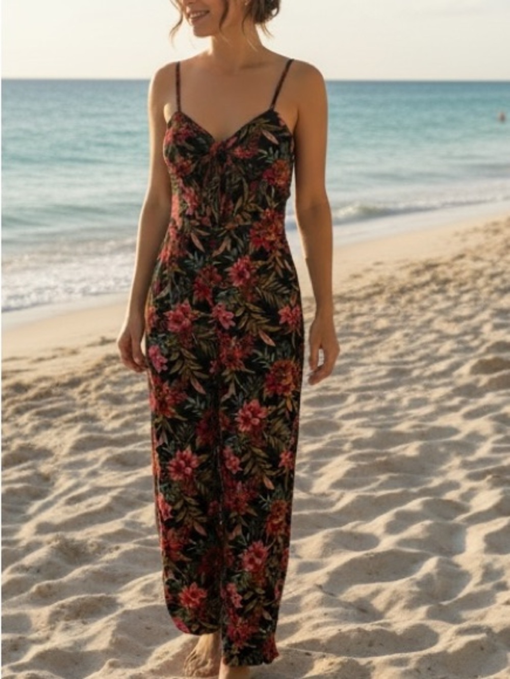 π¨SALEπ¨ American Eagle Outfitters Black Floral Maxi Slip Dress with Red Blooms